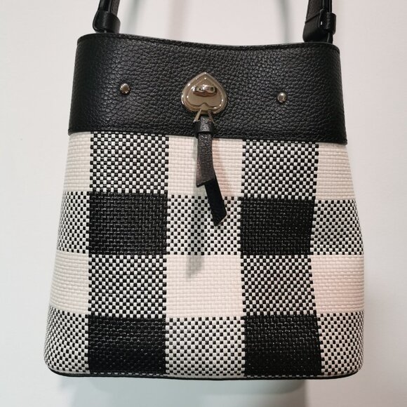 Black and Cream Plaid /Gold Pebbled/Embossed Leather Bucket Bag EUC # 263 - Picture 1 of 11